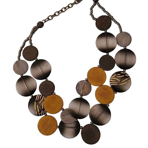 Double Strand Earthtone Disc and Wood Statement Necklace - Picture 6 of 7